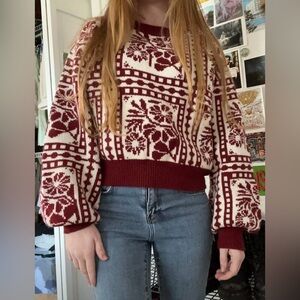 KNIT ROUND NECKLINE FLORAL CONTRASTING BINDING SWEATER W(10) Crop, NWT